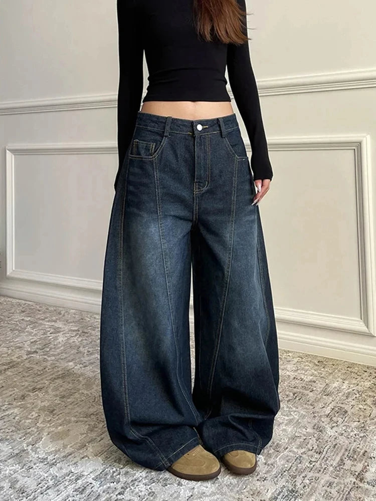 Dark Blue Retro Wide Leg Loose Denim Pants Y2K 2000s Women's High Waist Baggy Jeans Summer Korean Plus Size Women Clothes