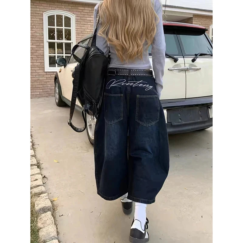 Dark Blue Retro Wide Leg Loose Denim Pants Y2K 2000s Women's High Waist Baggy Jeans Summer Korean Plus Size Women Clothes