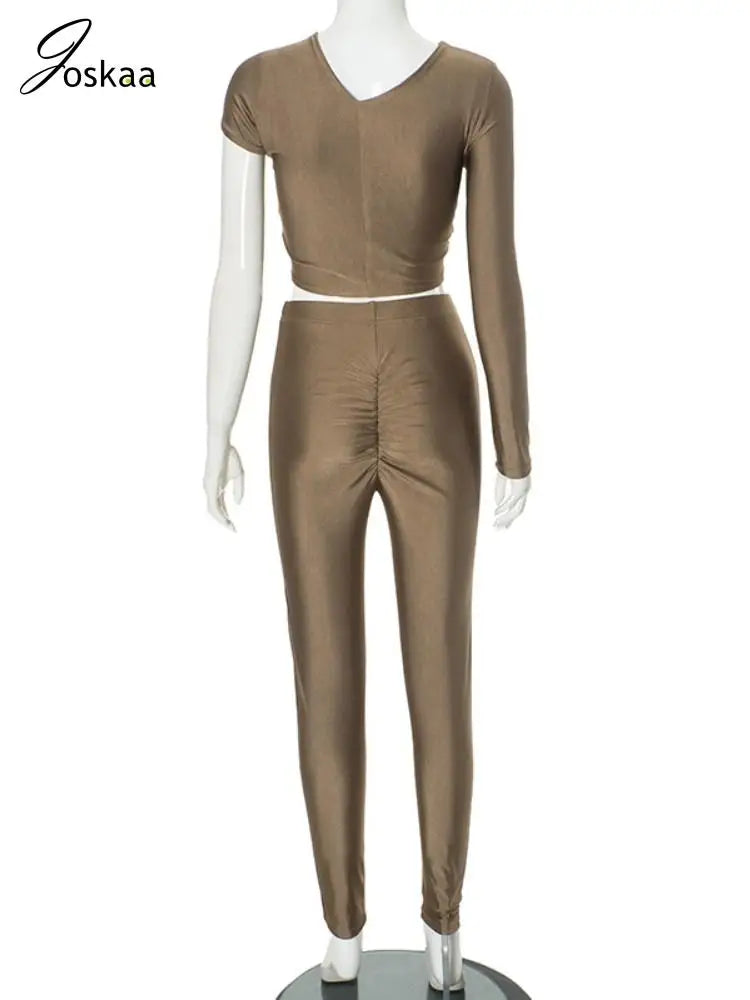 Joskaa Women 2 Piece Sets Sexy Single Sleeve Cutout Crop Tops and Pants Matching Autumn Active Fitness Tracksuits Streetwear