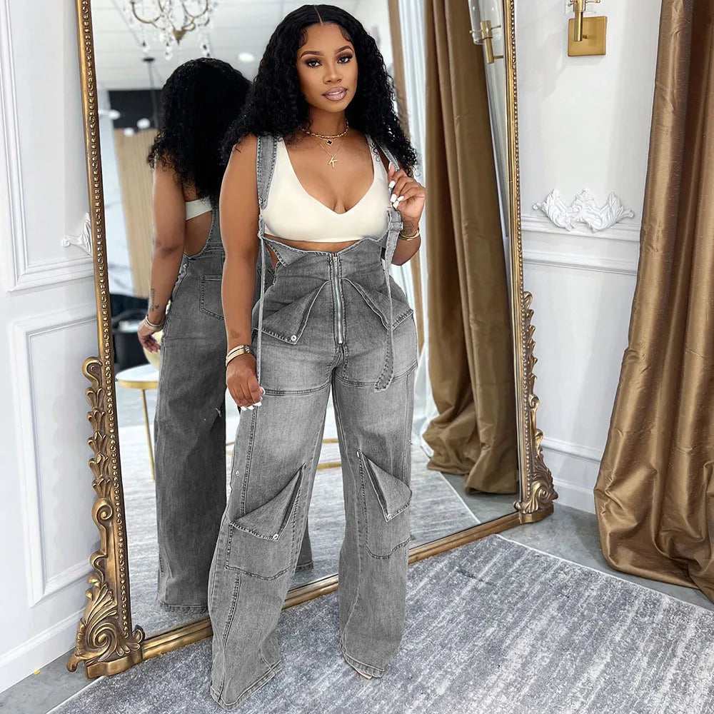 Sister Star Summer Fashion Women's Denim Backpack Pants Street Casual Zipper Washed Jumpsuit Pants Personality Street Jumpsuit