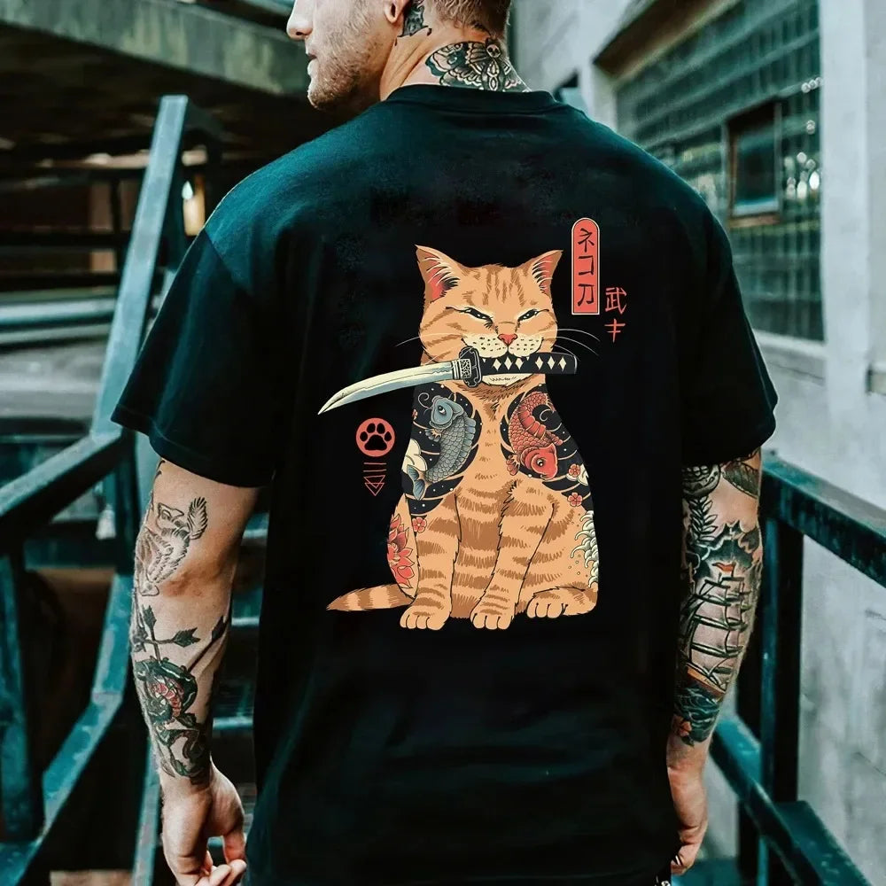 Summer Cotton Cartoon Anime Day Clothing Samurai Cat Print T-shirt Men's Hip Hop Retro Casual O Collar Loose T-shirt Men Tee Top