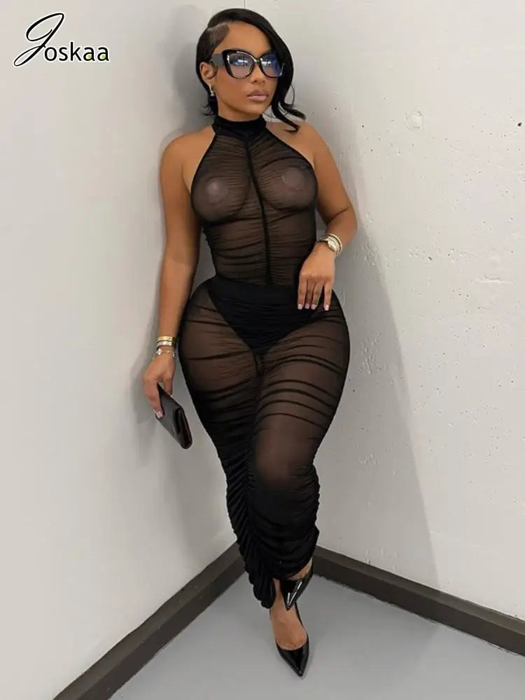 Joskaa Black Mesh See Through 2 Piece Sets Women Sexy Sleeveless Bodysuit+Pleated Maxi Skirt Mathching 2025 Midnight Clubwear