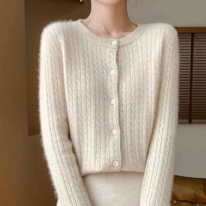Autumn Winter O-neck Women 100% Merino Wool Sweater New Casual Cable Knitted Cardigan Tops Woman Cashmere Sweater