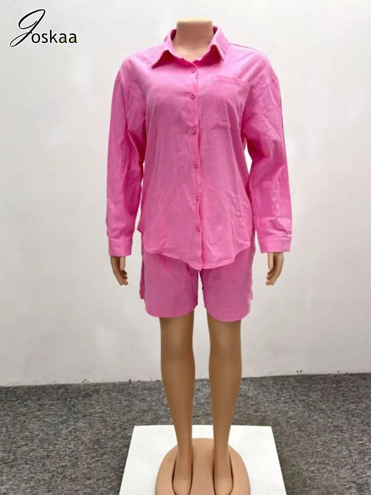 Joskaa 2025 Summer Women Beach Style 2 Piece Sets Casual Lapel Full Sleeve Button Shirt Tops+Shorts Matching Holiday Streetwear
