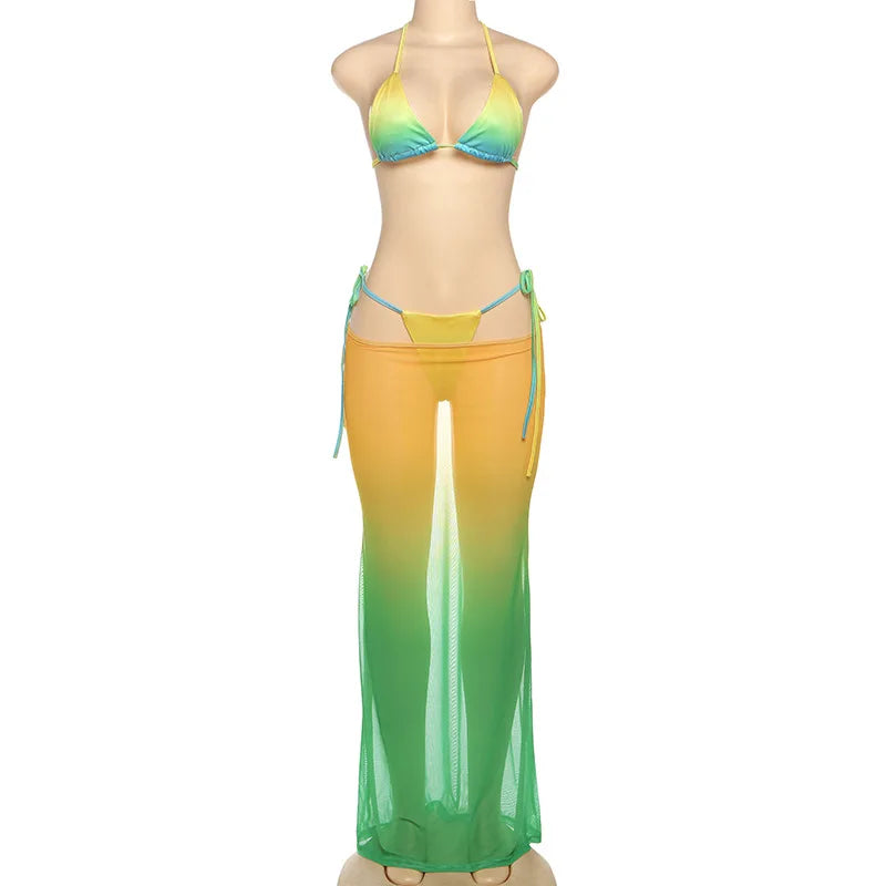 Joskaa Printed Bikini Three-Piece Set Women Swimsuit Sexy Halter Bra+Briefs+Sheer Mesh Maxi Skirt Match 2025 Vacation Beachwear