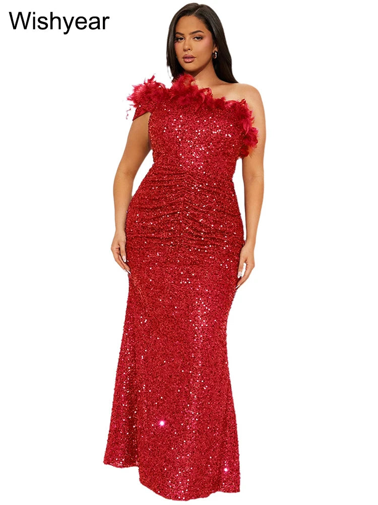 New Luxury Sequined Feather One Shoulder Sleeveless Slanted Collar Backless Purple Long Dress  Women Birthday Party Event Gowns