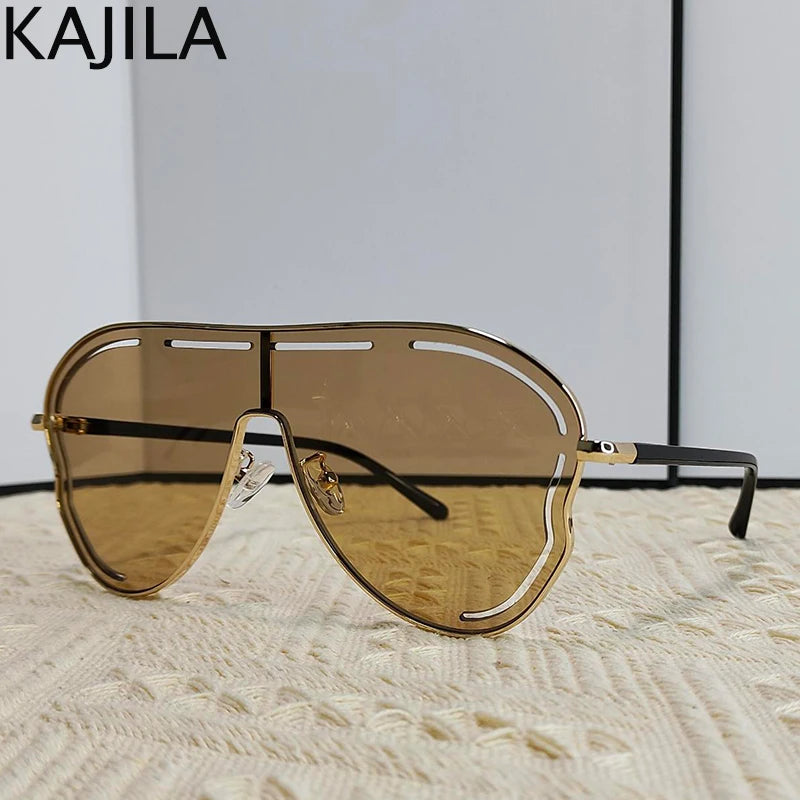 Oversized One-Piece Pilot Punk Sunglasses Women Big Frame 2025 Luxury Brand Hollow Sun Glasses For Ladies Shield Eyewear Shades
