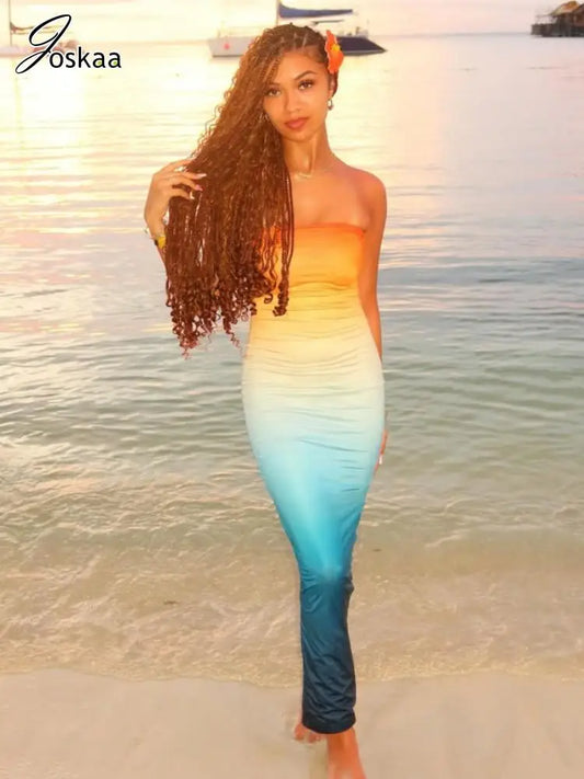 Joskaa 2025 Summer Women's Gradient Print Maxi Dress Sexy Wrap Chest Backless Slit Bodycon Vestdios Holiday Beach Y2K Clubwear