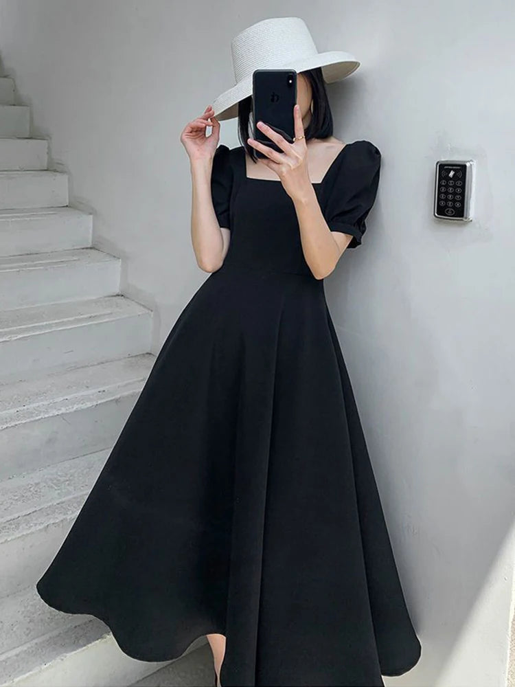 Black Long Dress Women Summer New Vintage Square Collar Dress Korean Elegant White Ins Female Puff Sleeve Vestidos