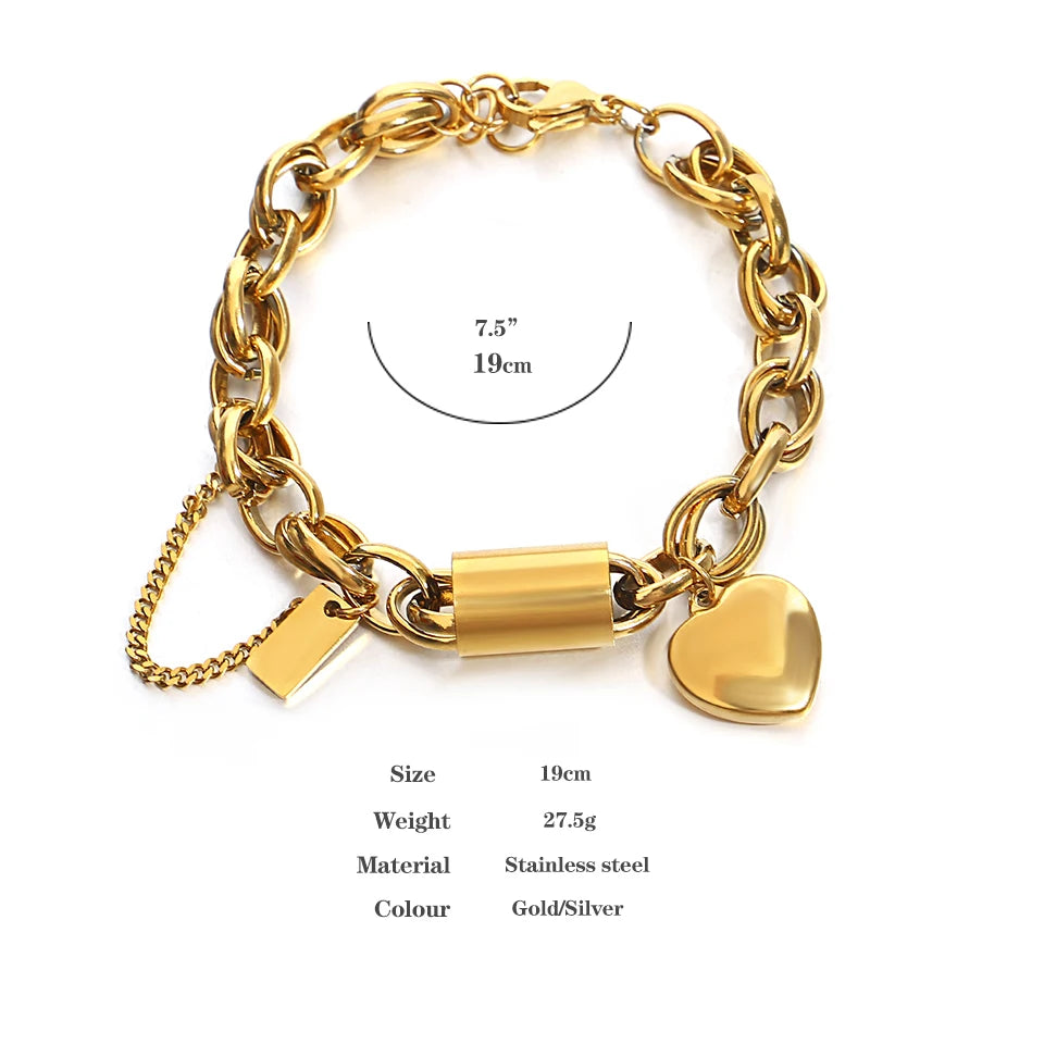 DZ Gold Color Thick Chain Stainless Steel Bracelets for Women Fashion Design Heart Love Pendant Wrist Jewelry