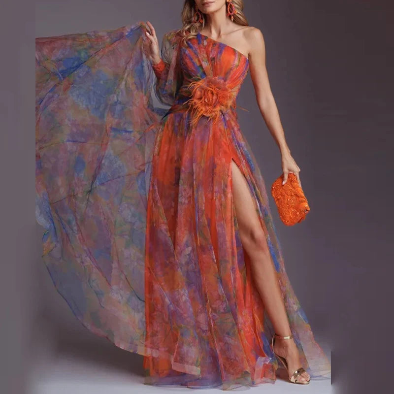 Women Elegant Split Hollow Party Dress Fashion Contrast Print Mesh Maxi Dress Sexy One Shoulder Long Sleeve Irregular Long Dress