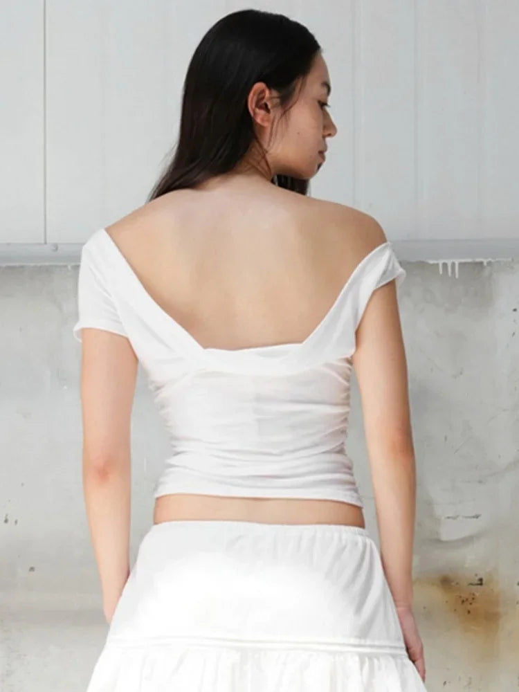 Summer Fashion Sexy Solid Colours Women Clothing Casual Short Sleeve Slash Neck Shirts For Women One Shoulder Streetwear Y2k Top
