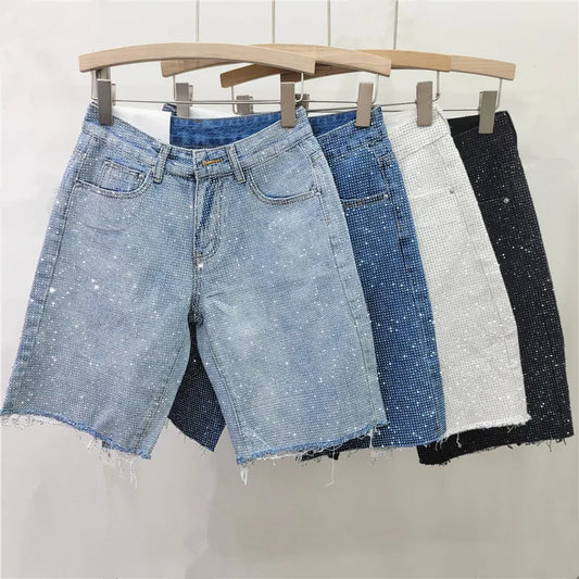 2025 New Fashion Summer Women's Denim Shorts Full Diamonds Burrs Edge High Waist Straight Knee Length Trousers
