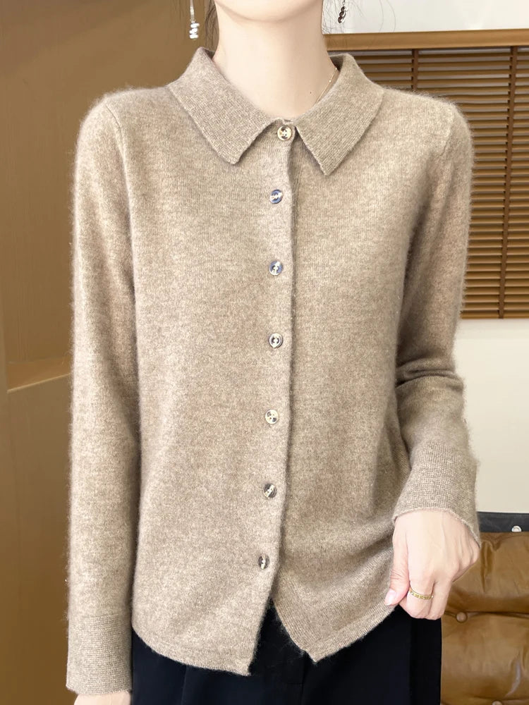 Chic Women's POLO Collar Thick Soft Warm Knitted Cardigan 100% Merino Wool New Arrivals Simple Button Solid Color Sweater Tops