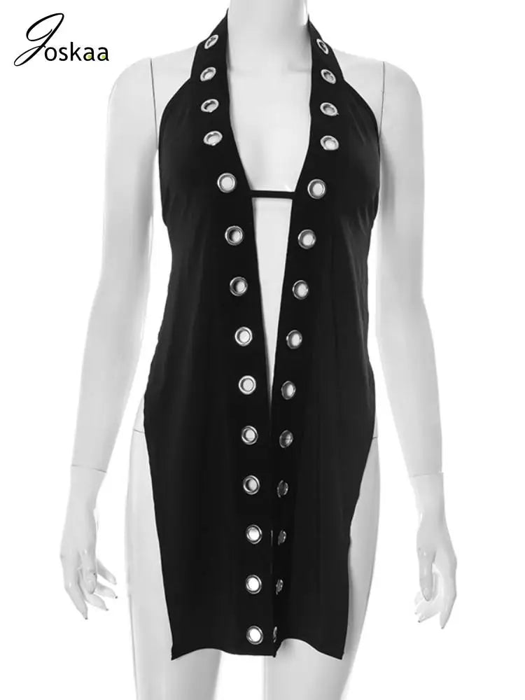 Joskaa 2025 Summer Women's Irregular Halter Black T-Shirts Sexy V-Neck Backless Sleeveless Tops Midnight Club Y2K Streetwear