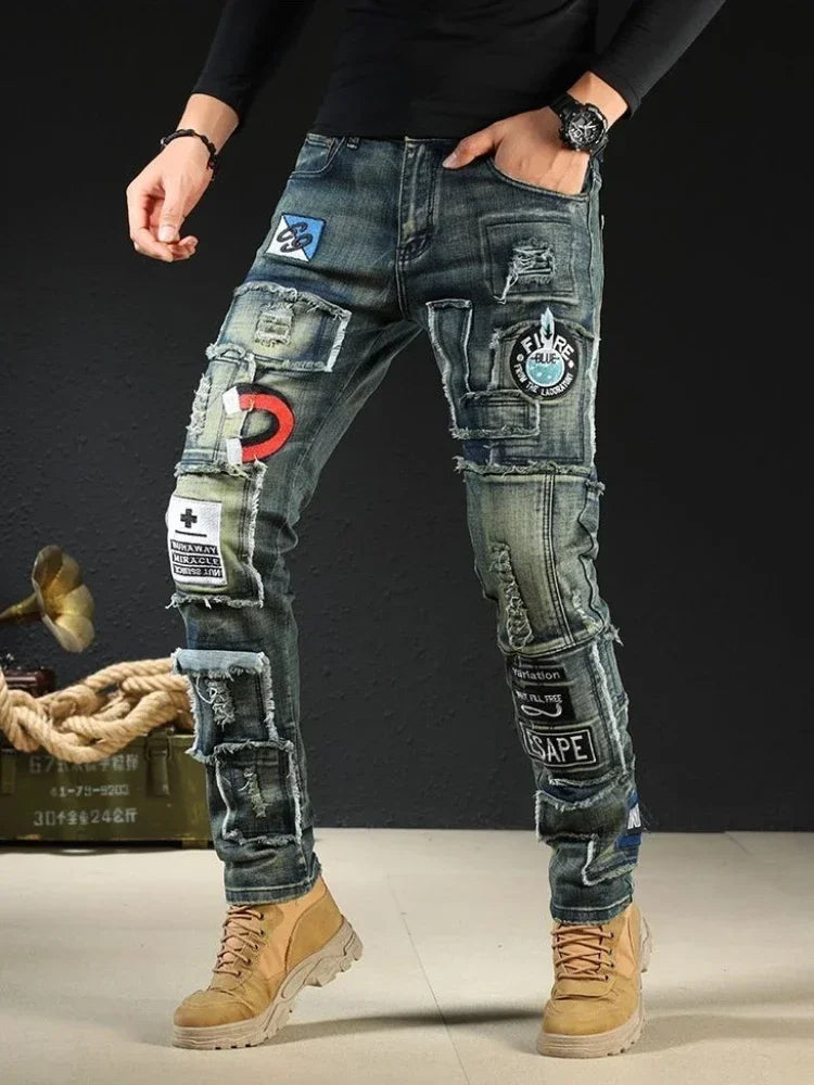 Tight Pipe Skinny Trousers Man Cowboy Pants Slim Fit Jeans for Men with Print Pockets High Quality Harajuku Korean Style Soft Xs
