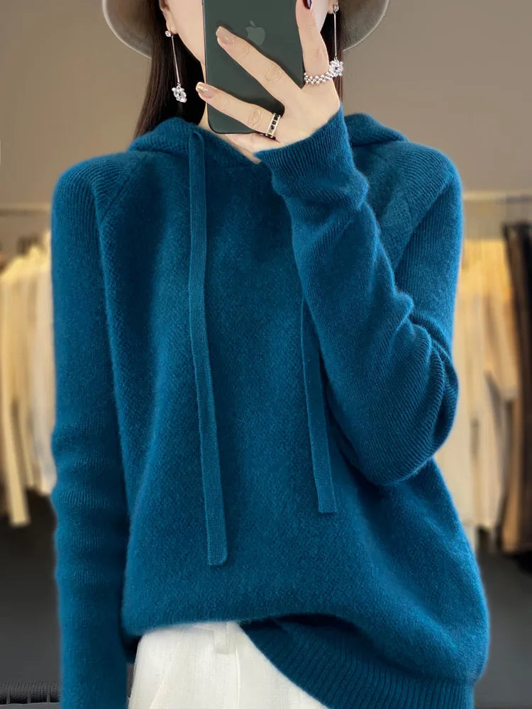 Autumn Winter Women's Cashmere Hooded Pullover Thick Sweater Raglan Sleeve 100% Merino Wool Knitwear Warm Casual Comfortable Top