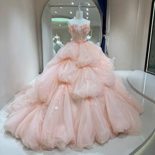 Jancember DW0098 Fairy Pink Puffy Wedding Evening Dresses With 3d Flower