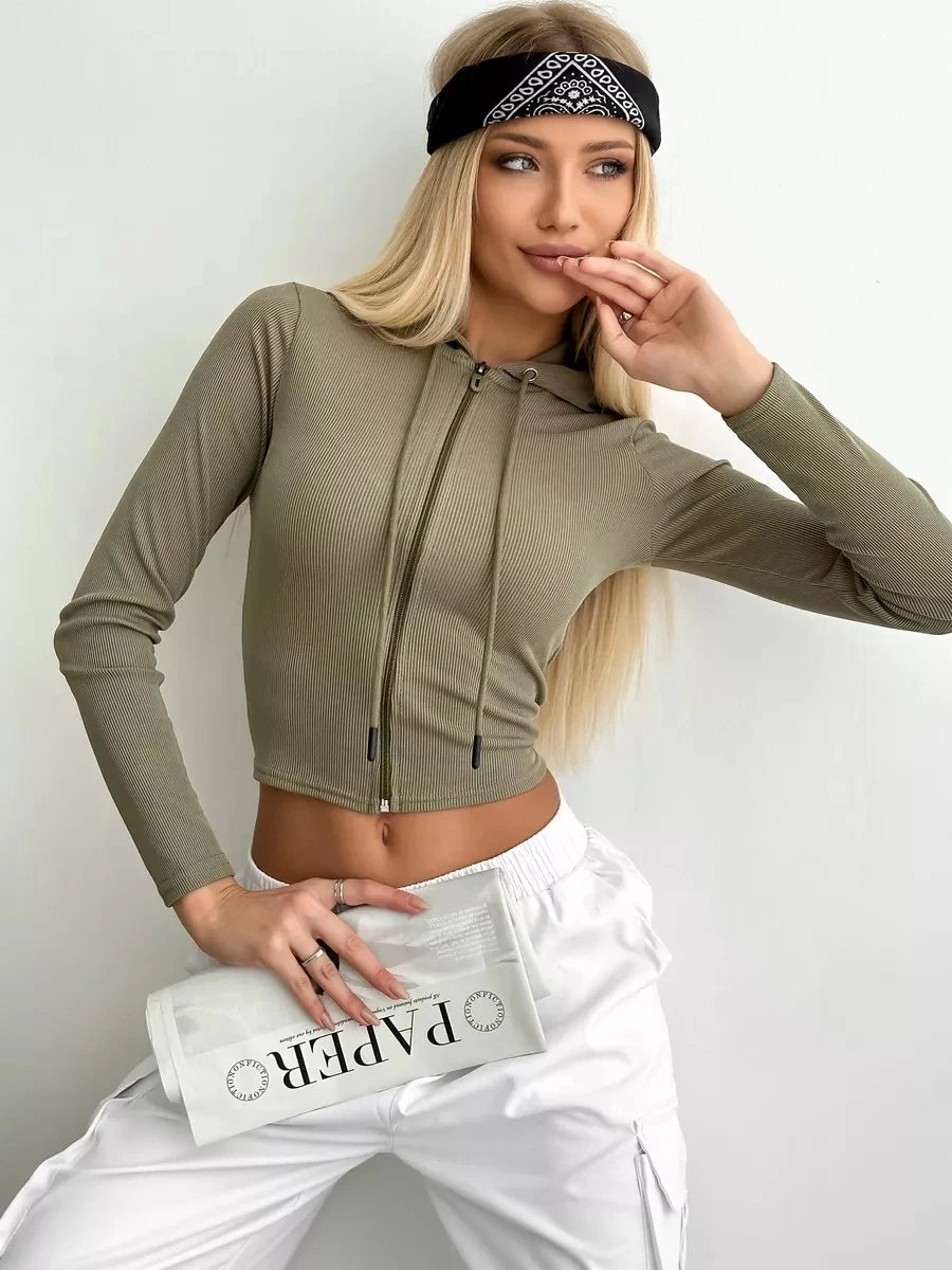 Women's Streetwear  Hip Hop Short Hooded SweatShirt Long Sleeves Cropp Zipper Solid Top Sweatshirt Hoodies