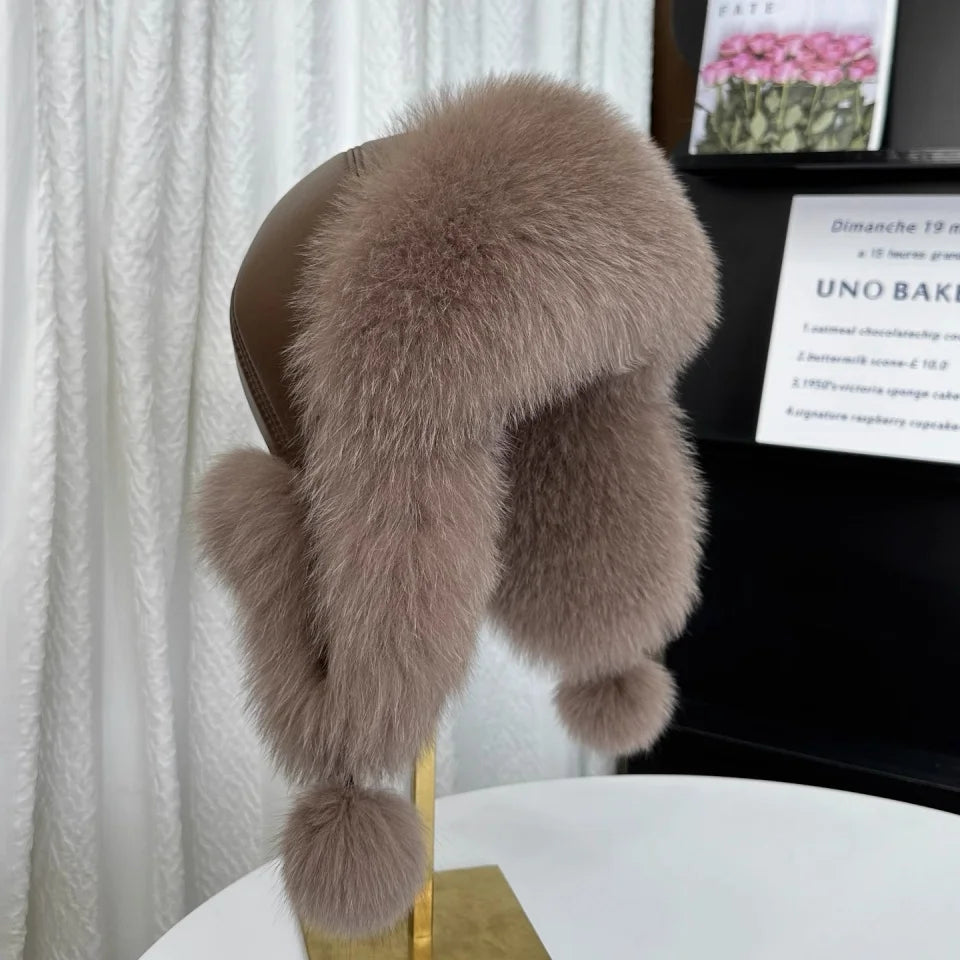 Ms.MinShu Unisex Winter Adjustable Earflap Genuine Black Fox Fur Hat with Sheep leather