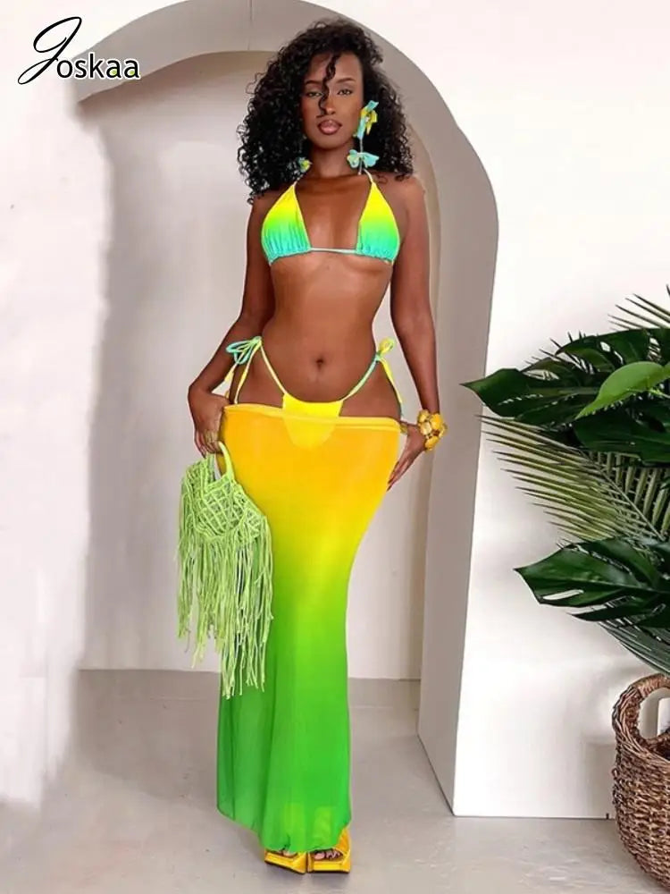 Joskaa Printed Bikini Three-Piece Set Women Swimsuit Sexy Halter Bra+Briefs+Sheer Mesh Maxi Skirt Match 2025 Vacation Beachwear