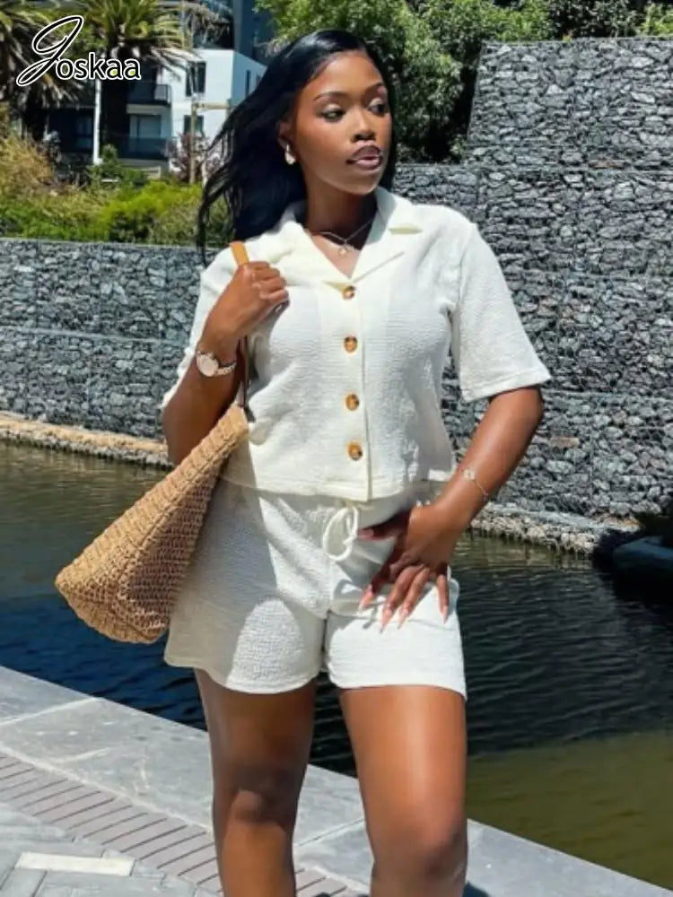 Joskaa Casual 2 Piece Set Women Concise Short Sleeve Button Shirts and Drawstring Shorts Matched 2025 Summer Vacation Streetwear
