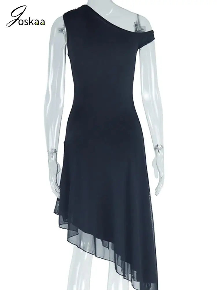 Joskaa Elegant Solid Skew Collar Irregular Party Dresses Women Sexy One Shoulder Bodycon Vacation Dress Summer Holiday Clothing