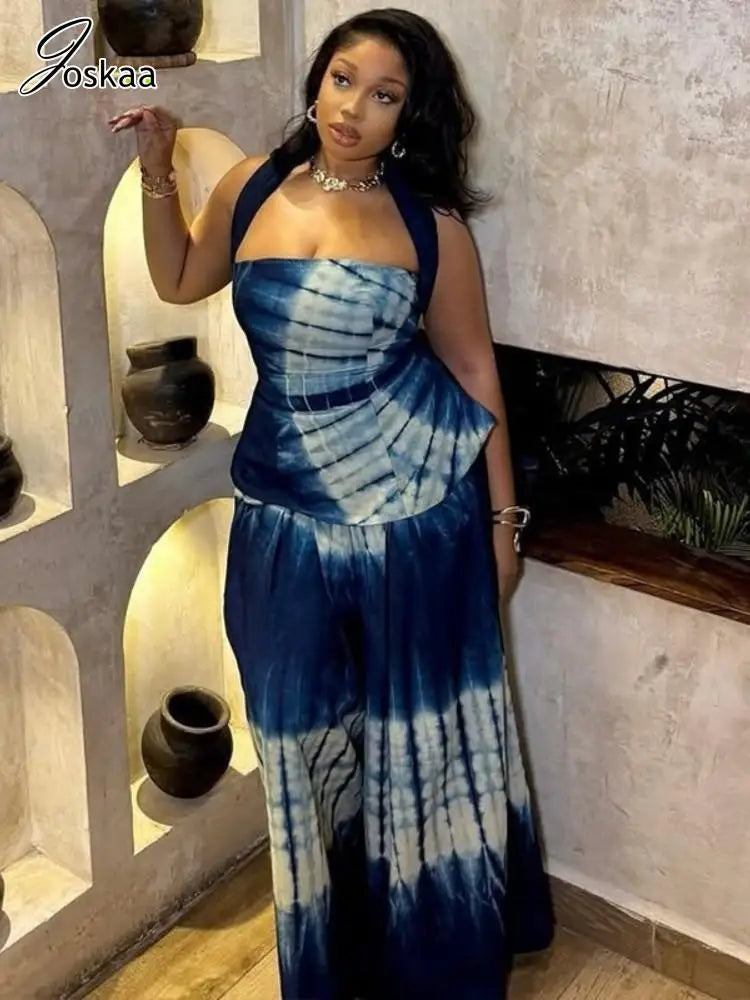 Joskaa Aesthetic Print 2 Piece Sets Women Hipster Halter Tank Tops and Wide Leg Pants Matching 2025 Summer Holiday Beachwear