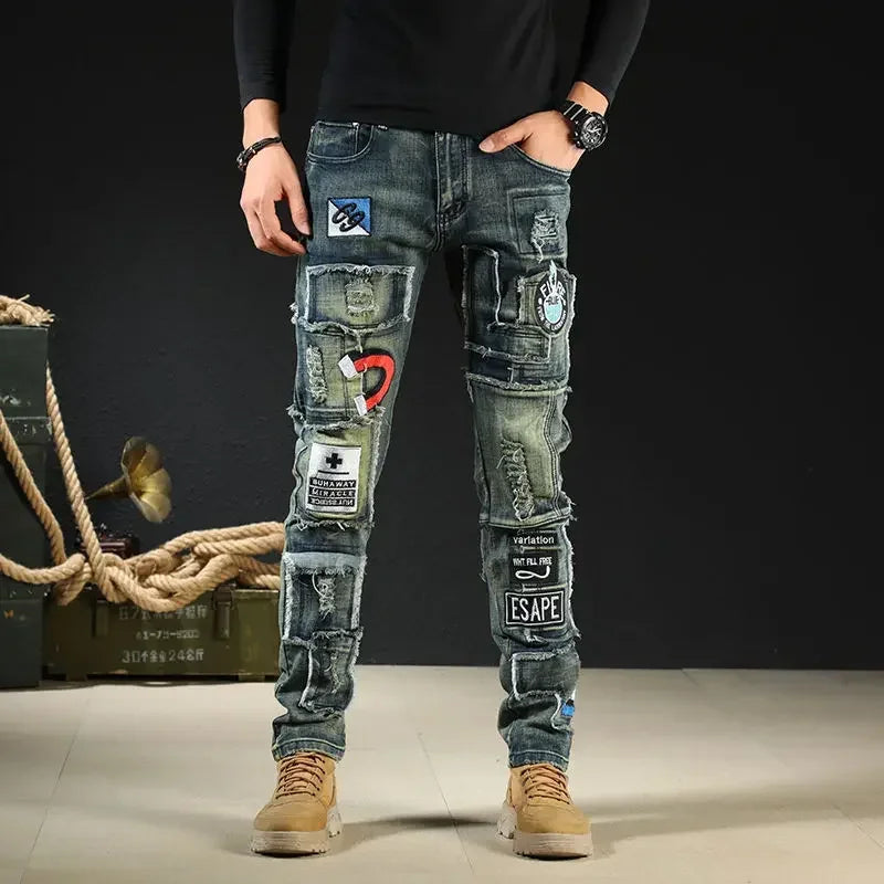 Tight Pipe Skinny Trousers Man Cowboy Pants Slim Fit Jeans for Men with Print Pockets High Quality Harajuku Korean Style Soft Xs