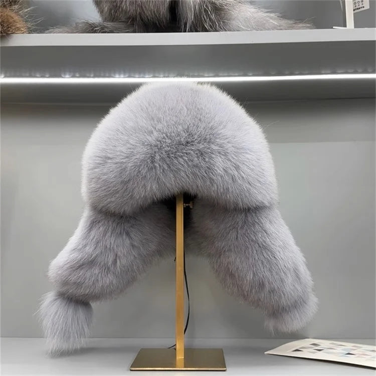 Ms.MinShu Unisex Winter Adjustable Earflap Genuine Black Fox Fur Hat with Sheep leather