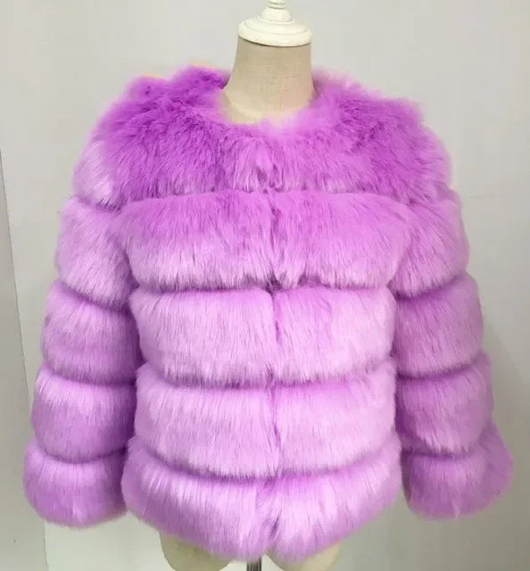Faux Fur Women Coats Solid Round Neck Full Sleeve Coat Thick Warm Fox Short Open Stitch Elegant Splice Autumn Winter 2024