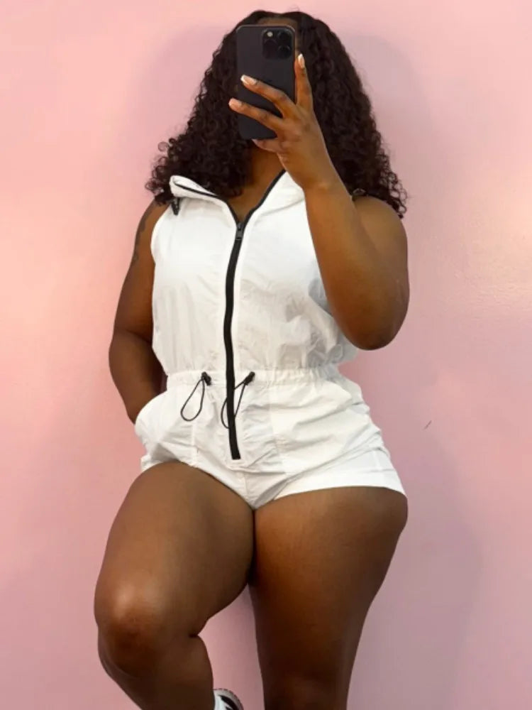 Joskaa 2025 Summer Women's Zip Hooded Sleeveless Rompers Casual Drawstring Waist Pocket Playsuits Holiday Streetwear S-XXL