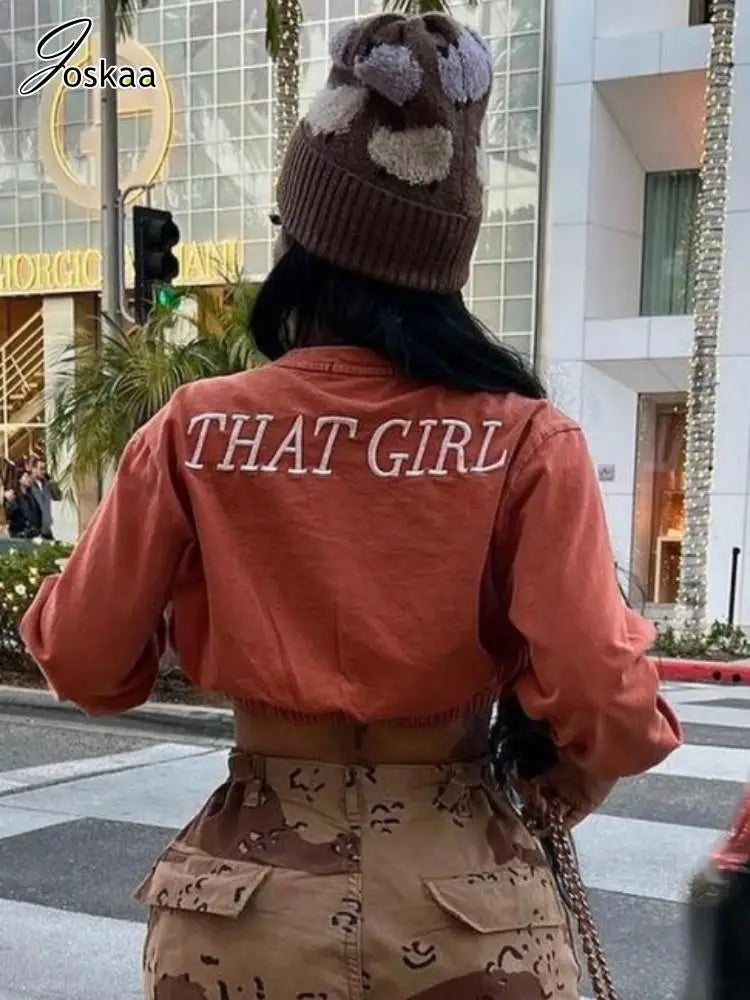 Joskaa Letter Embroidery Short Sweatshirts Women Autumn Sweaters Long Sleeve Crop Tops 2023 Casual T-Shirts Vintage Streetwear