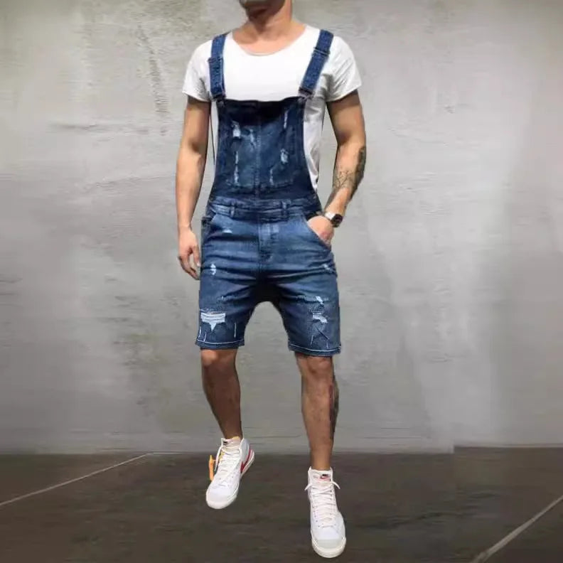 Men Ripped Jeans Jumpsuits Streetwear Distressed Stretch Denim Overalls for Man Jeans Suspender Knee Length Pants Male Rompers