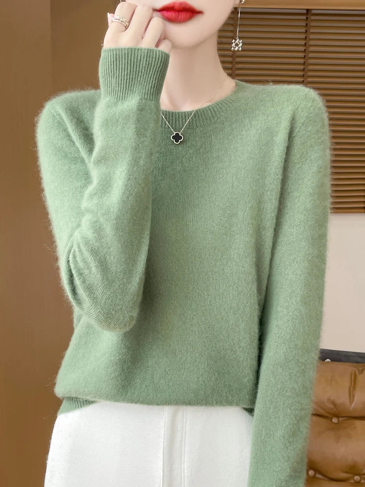 Autumn Winter Women 100% Merino Wool Sweater O-Neck Cashmere Pullover Basic Fashion Clothing Comfort Warm Top Casual Solid