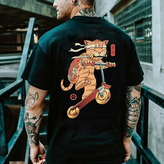 Summer Cotton Cartoon Anime Day Clothing Samurai Cat Print T-shirt Men's Hip Hop Retro Casual O Collar Loose T-shirt Men Tee Top