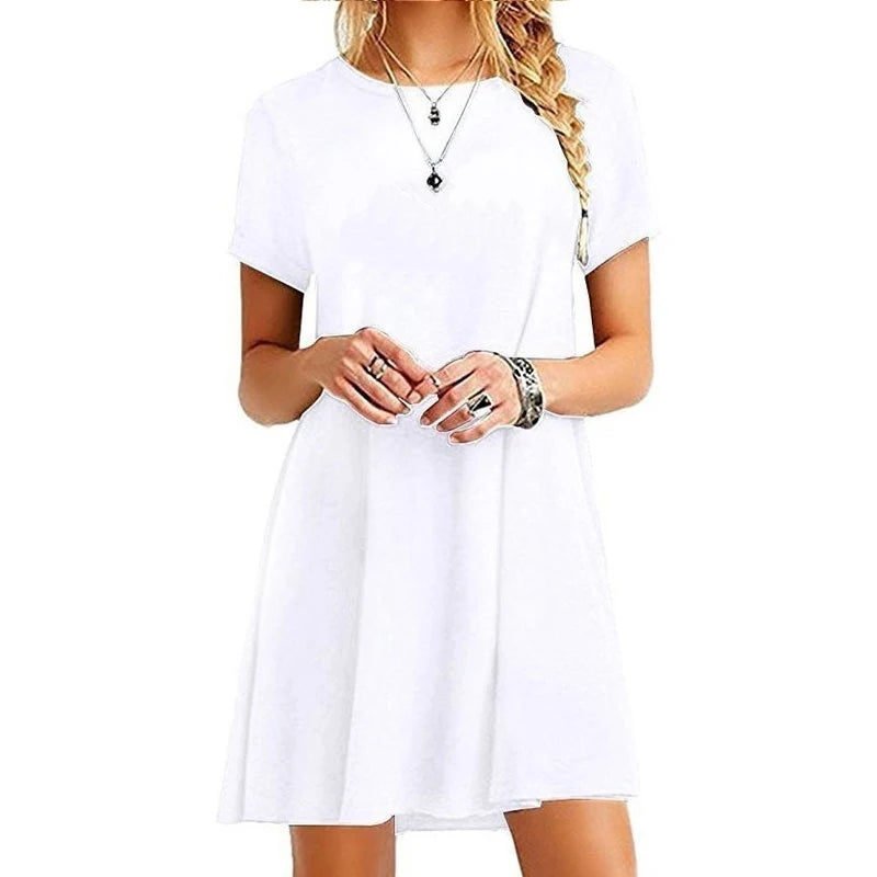 Summer Women Dresses Round Neck T Shirt Dress Slim Knee-length Short Sleeve Dress Casual Printed Skirts