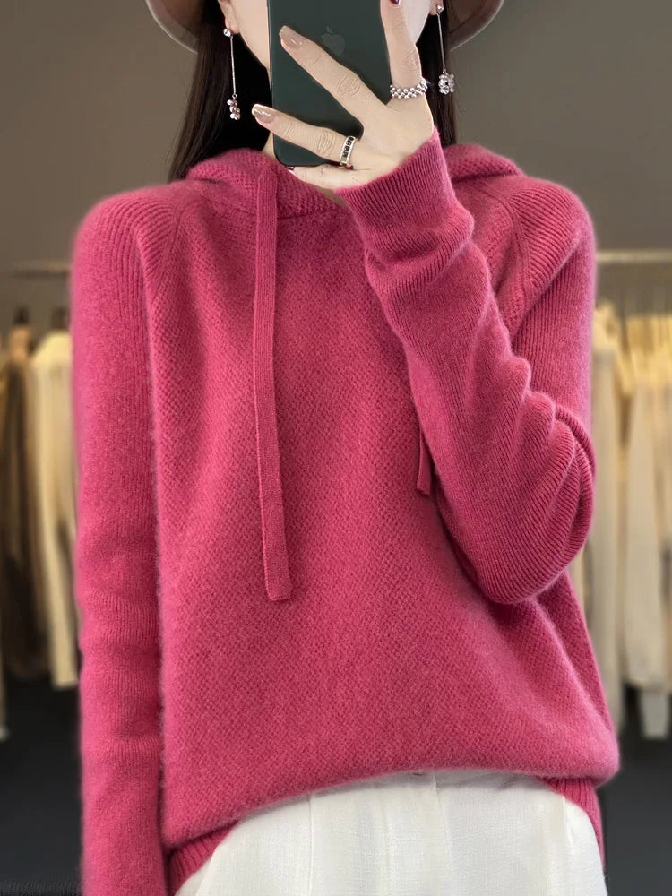 Autumn Winter Women's Cashmere Hooded Pullover Thick Sweater Raglan Sleeve 100% Merino Wool Knitwear Warm Casual Comfortable Top