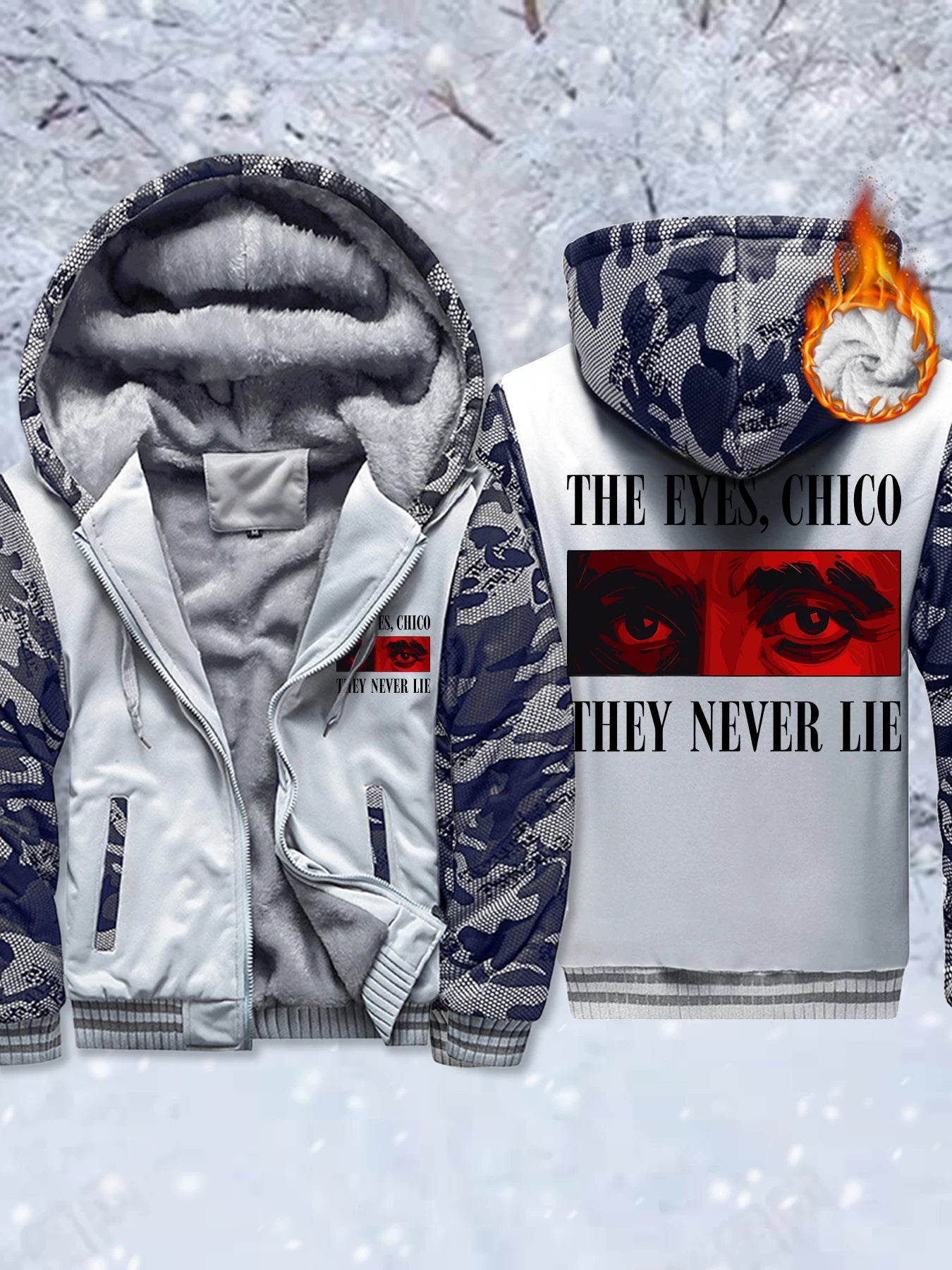 The Eyes Chico They Never Lie Printed Man Fleece Comfy Jackets Zip-Up Soft Tops Winter Thicken Outwear Warm Basics Veste