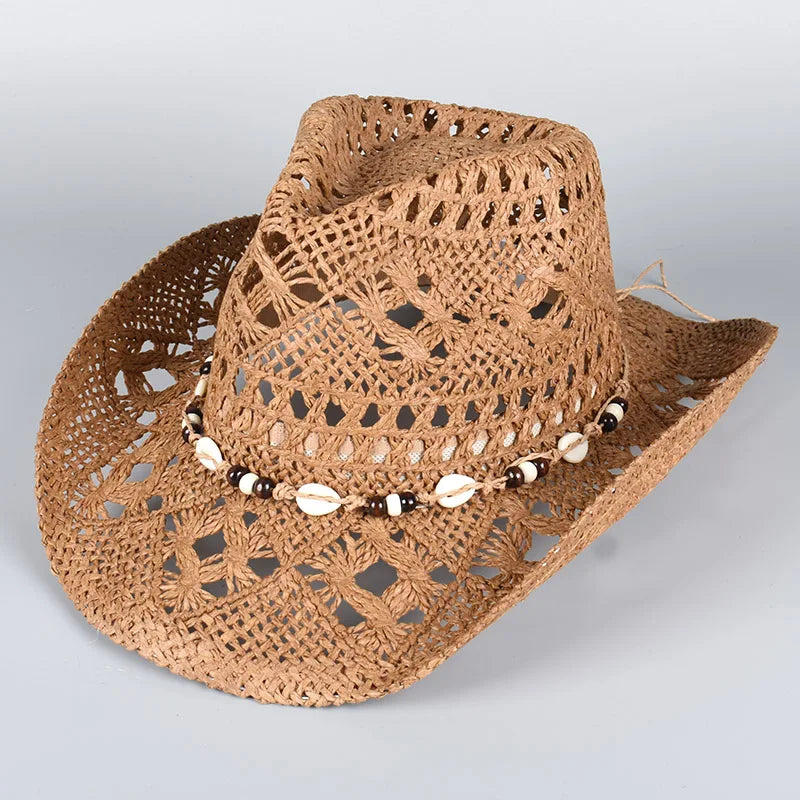 Straw Western Cowboy Hat for Women Men Classic Vintage Hollow Out Unisex Wide Brim Beach Sun Hat Fishing Hat Climbing Cap