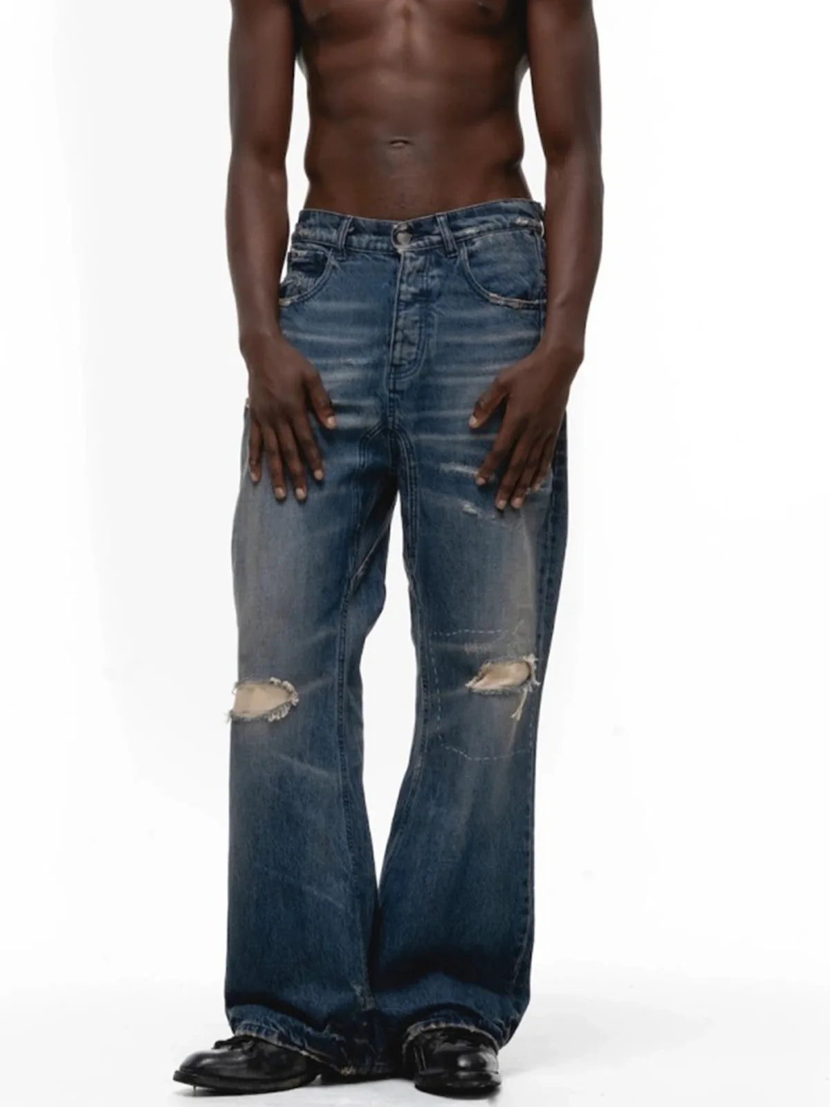 MIJKO Flare Jeans for Men And Women Washed Wide Leg Blue Trousers