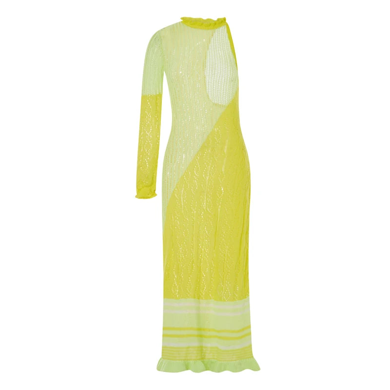 Contrast Color Hollow-Out Knit Beach Long Dress 2023 Summer See-Through One-Shoulder Long Sleeve Halter Tie-up Cover-Ups Dress