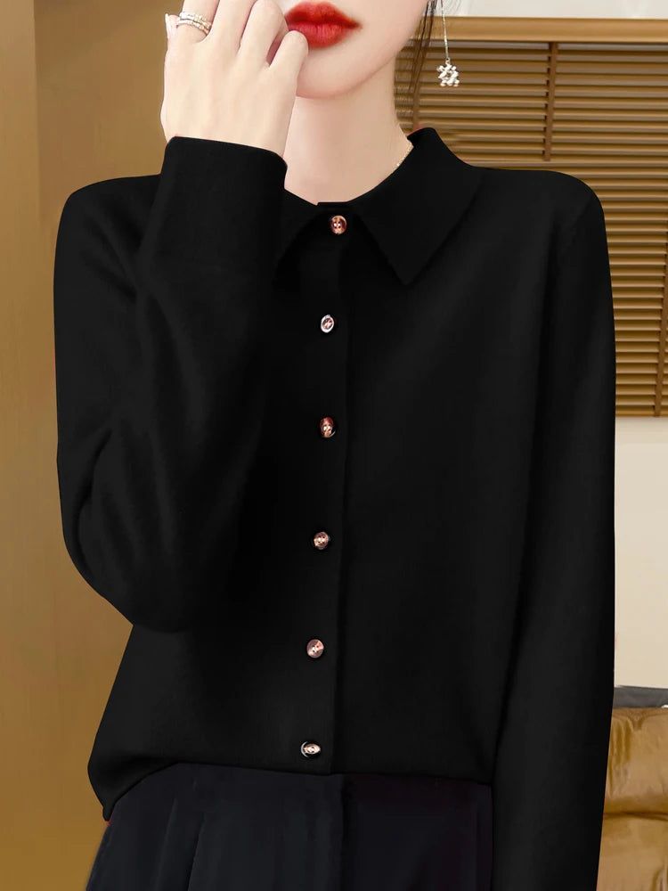 Chic Women's POLO Collar Thick Soft Warm Knitted Cardigan 100% Merino Wool New Arrivals Simple Button Solid Color Sweater Tops