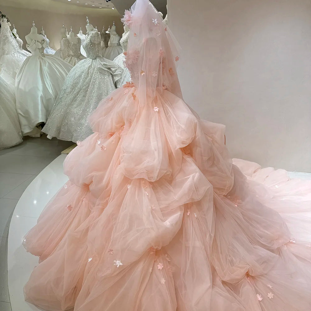Jancember DW0098 Fairy Pink Puffy Wedding Evening Dresses With 3d Flower