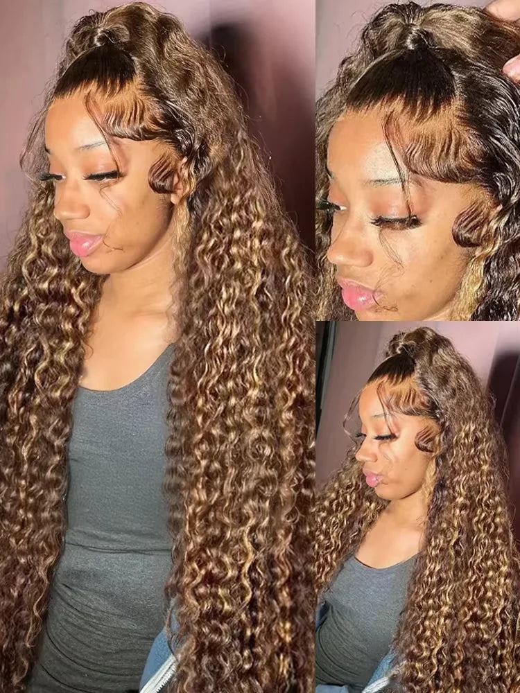 250 Density 30 46 Inch Highlight Ombre Deep Wave HD Lace Front Wig Colored Curly Human Hair Wig 13x6 Lace Frontal Wigs For Women