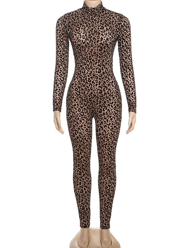 Nibber See Through Sexy Leopard Mesh Jumpsuit Women Sexy Hipster Zip Stretch Midnight Workout Autumn Fitness Street Overalls