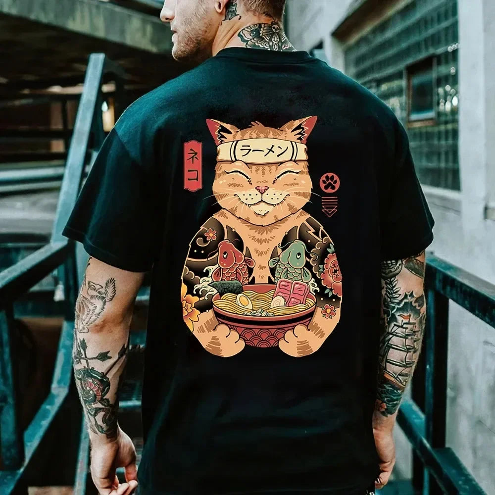 Summer Cotton Cartoon Anime Day Clothing Samurai Cat Print T-shirt Men's Hip Hop Retro Casual O Collar Loose T-shirt Men Tee Top