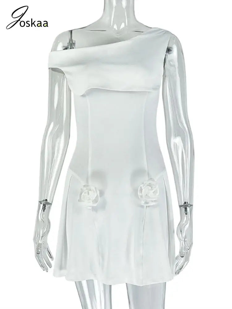 Joskaa 2025 Summer Women's Elegant One Shoulder Skew Collar 3D Flower Decorate A-Line Mini Dress Holiday Beach Streetwear