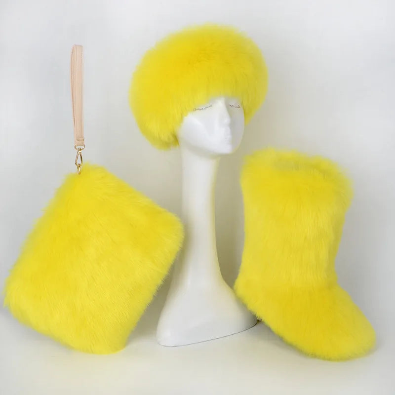 Women High Quality Fur Snow Boots One Fur Plus Velvet Thick Plus Size Snow Boots Headband Clutch Bag Imitation Fox Fur Boots Set