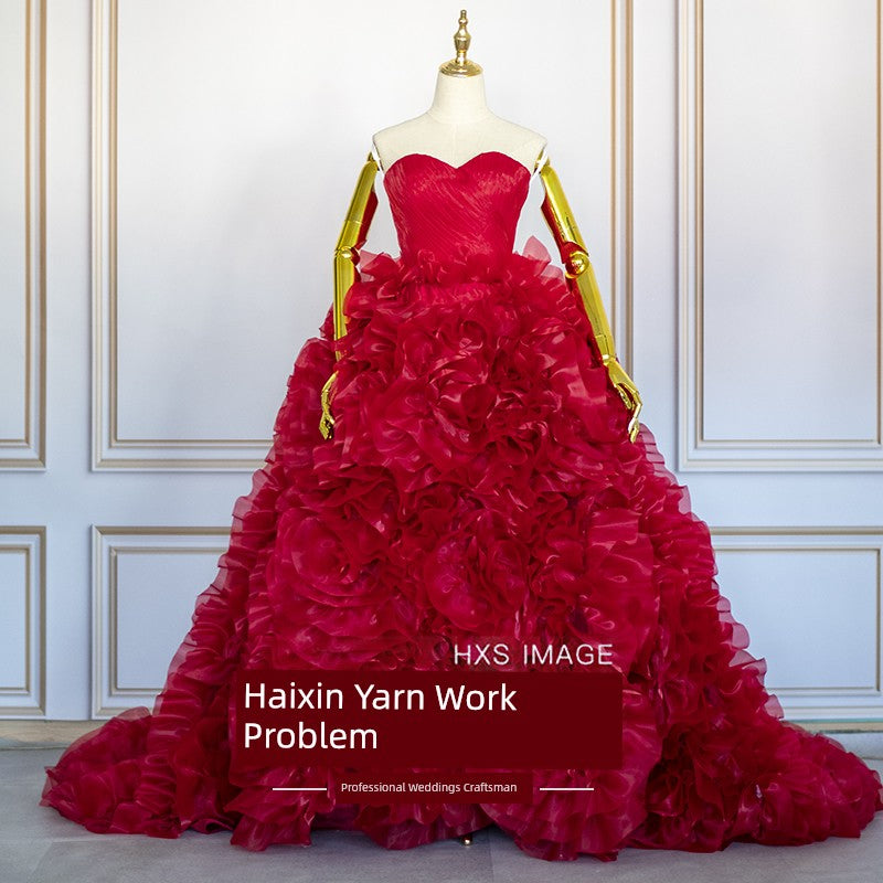 New New Arrival Photo Studio Theme Wedding Dress Clothing Photography Colored Mesh French Tube Top Dress Heavy Industry Fancy Wine Red